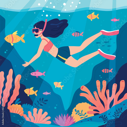 A girl with mask and snorkel enjoys the underwater life of the tropical ocean wth colorful fishes.Swimming in sea or ocean and observing coral reef.Flat cartoon vector illustration.