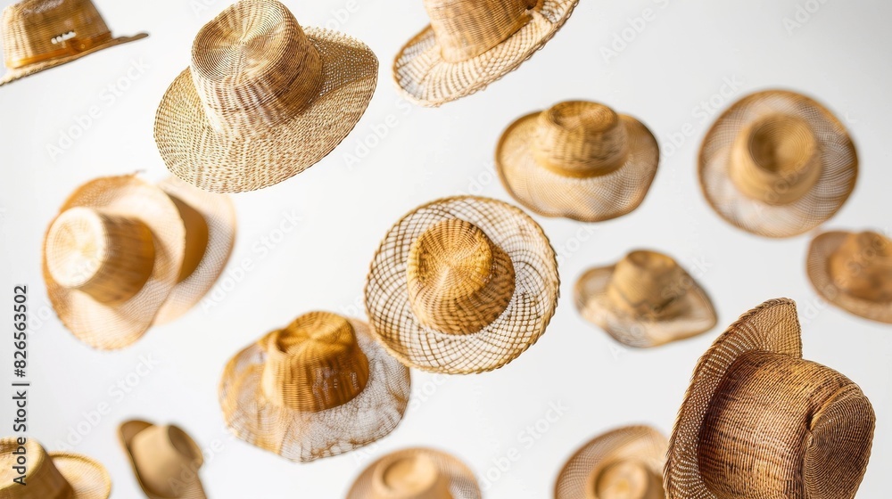 straw hats flying in the air on a white background