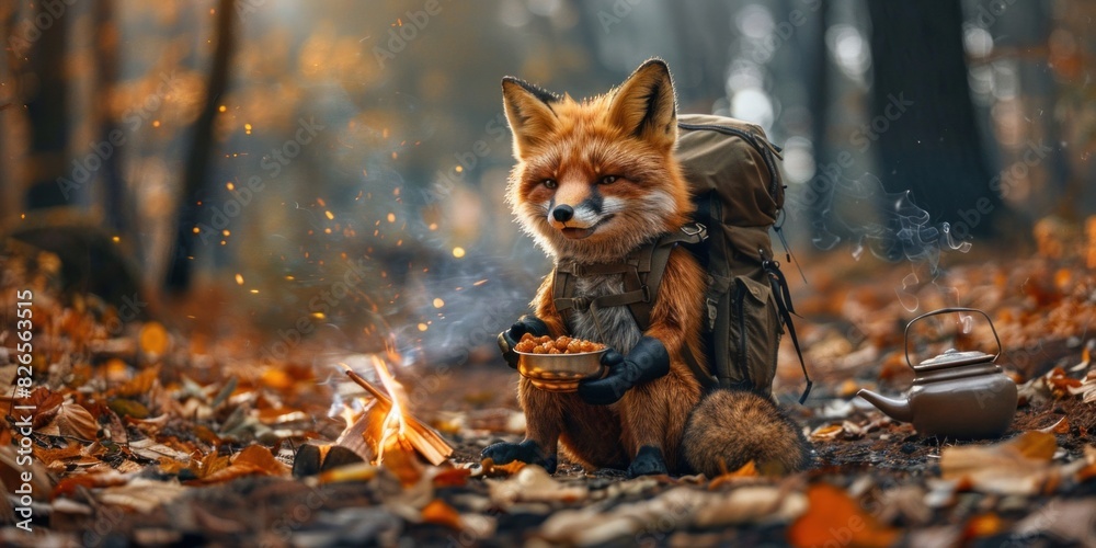 Fox Camper Sitting by Campfire with Backpack in Autumn Forest Fox Camper Sitting by Campfire with Backpack in Autumn Forest