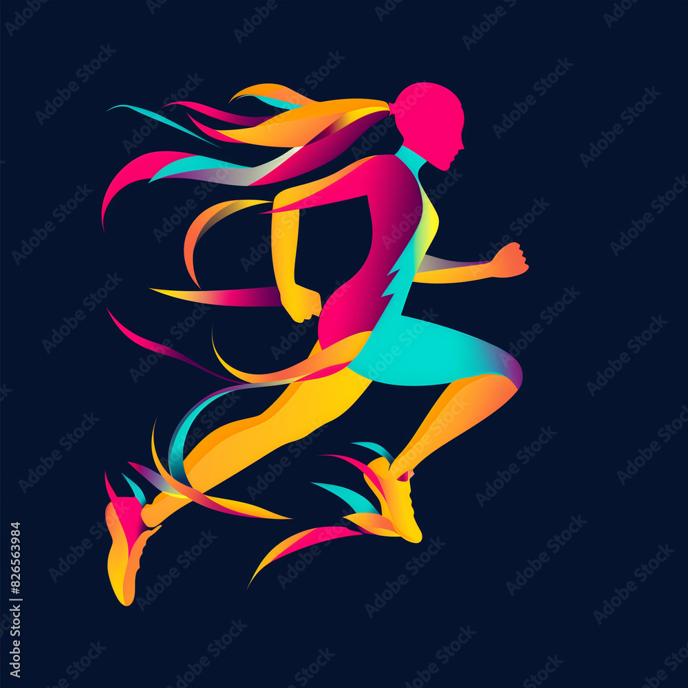 A dynamic and vibrant logo for a women's sports team, depicting a colorful runner in motion, emphasizing energy, movement, and athleticism A dynamic and vibrant logo for a women's sports team, depicting a colorful runner in motion, emphasizing energy, movement, and athleticism