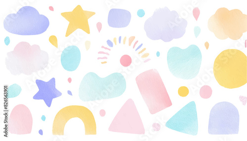 水彩のいろいろな模様。わくわく・やさしいイメージのあしらい素材セット