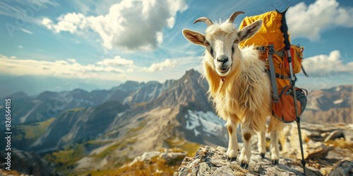 Mountain Goat with Backpack in Scenic Outdoors photo