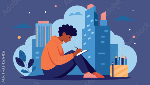 A person sitting in a quiet corner of a bustling city writing in a journal capturing moments of gratitude amidst the chaos and noise.. Vector illustration