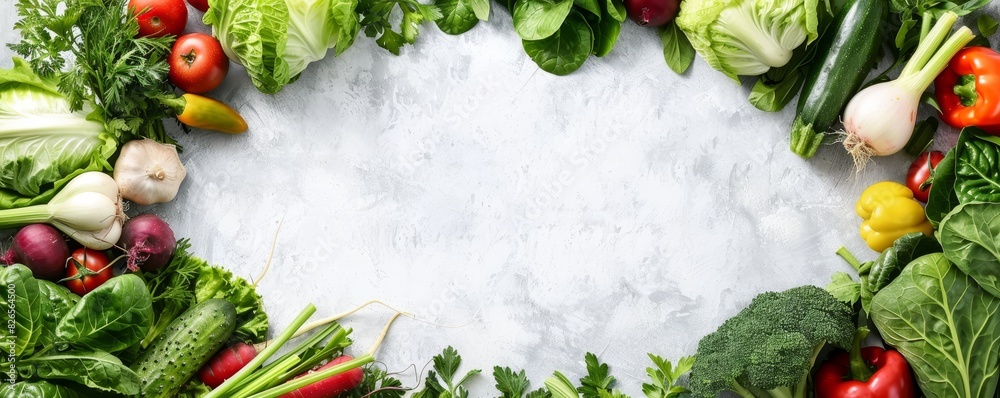 Top view of fresh vegetables arranged in a frame on a white background, including leafy greens, tomatoes, peppers, and zucchini. Top view of fresh vegetables arranged in a frame on a white background, including leafy greens, tomatoes, peppers, and zucchini.