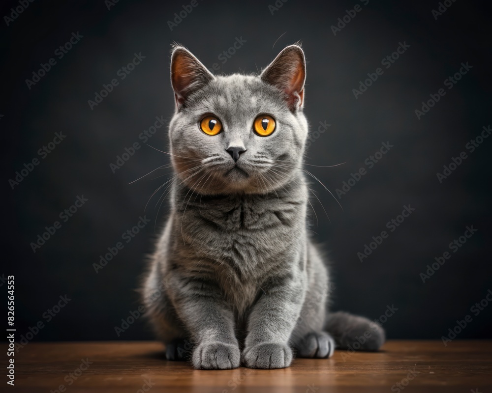 Chartreux breed cat sitting isolated on dark smoky background looking at camera. Chartreux breed cat sitting isolated on dark smoky background looking at camera.