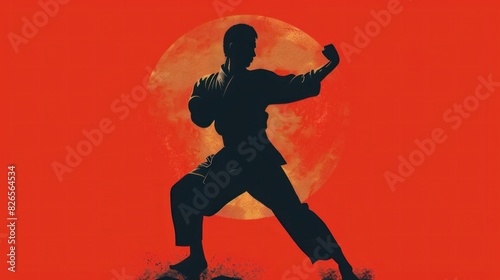 Retro silhouette sportsman in martial arts pose, vivid red backdrop © Аrtranq