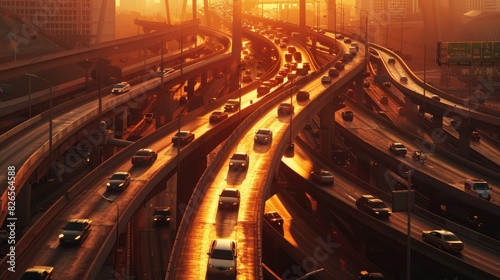 Vehicles on a Spaghetti Interchange during Sunset