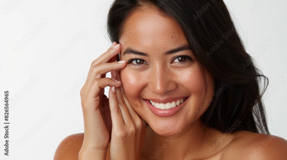 Woman Smiling Naturally with Hands Near Face Woman Smiling Naturally with Hands Near Face