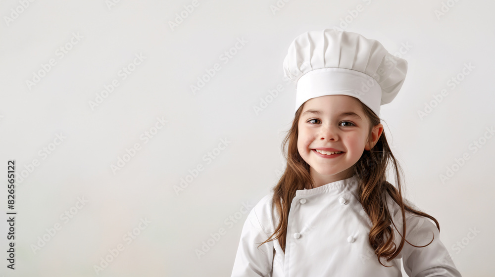 A cute happy smiling young American white girl dresses like a chef on a plain white background with copy space for text. A cute happy smiling young American white girl dresses like a chef on a plain white background with copy space for text.
