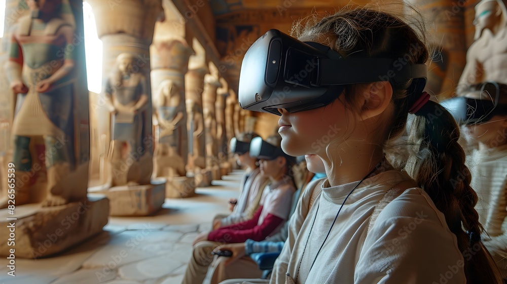 Teacher Leading Virtual Reality History Lesson with Students Exploring Ancient Civilizations for Immersive Educational Experience