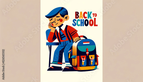 Colorful naive art illustration of a boy leaning on a school backpack. Concept Back to School. caption. 