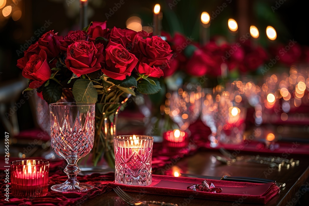 A table with a red tablecloth and a red vase of roses. The table is set with a wine glass, a candle, and a rose