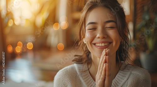 Grateful Woman s Heartfelt Smile Radiates Joy and Appreciation in Warm Natural Lighting photo