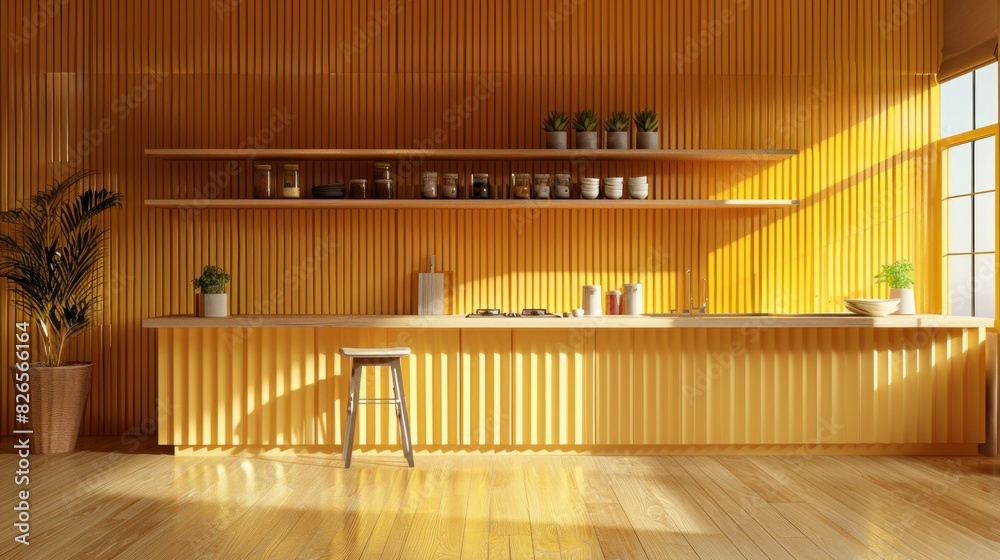 A 3D rendering showcases a yellow kitchen room with minimalist interior design against a mockup wood slat wall.