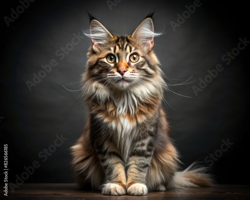 Maine Coon breed cat sitting isolated on dark smoky background looking at camera. © La_Valentina