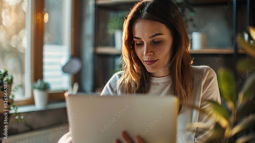 A young Caucasian woman, the owner of a small business, is seen in close-up using a laptop in her studio room. A young Caucasian woman, the owner of a small business, is seen in close-up using a laptop in her studio room.