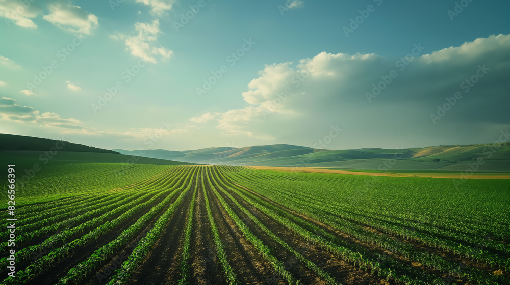 A breathtaking view of green cultivated fields on rolling hills under a dramatic sky, showcasing rural beauty A breathtaking view of green cultivated fields on rolling hills under a dramatic sky, showcasing rural beauty