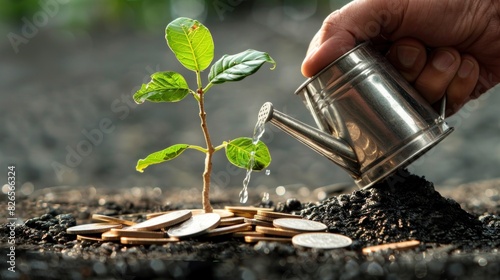 A man's hand is watering a money tree with coins scattered on the ground, illustrating concepts of finance and increasing wealth, against an isolated background.