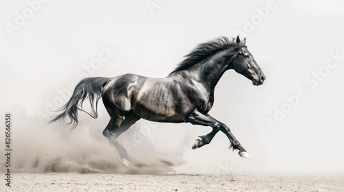 A powerful black Arabian horse gallops freely across a white background, its sleek grey body blending with the dust as it races forward. With the start of its motion, it embodies the epitome of speed. © Sompoch
