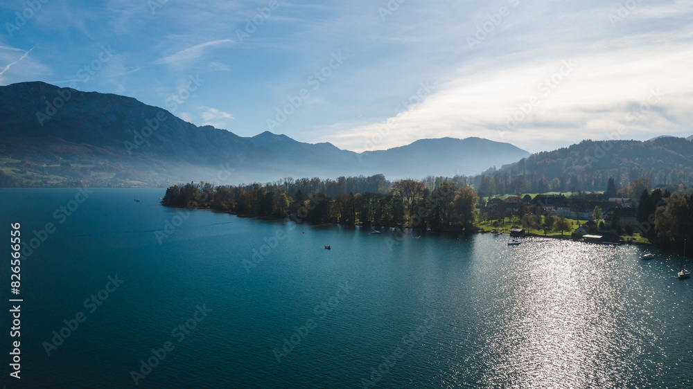 Aerial View of Attersee in Autumn, Scenic Lake and Mountain Landscape in Upper Austria, Salzkammergut