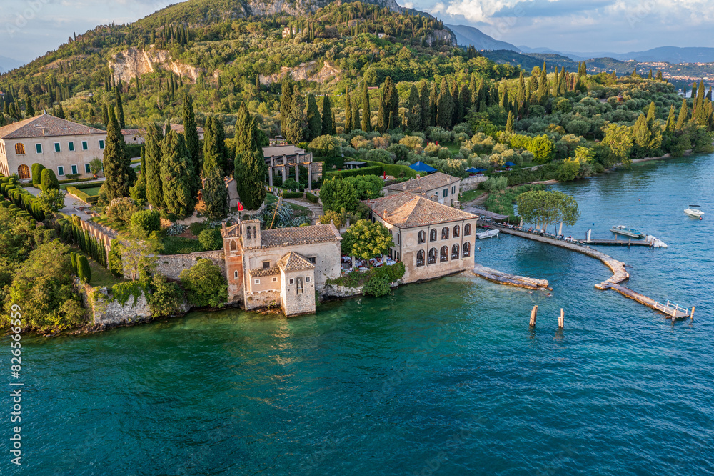 Aerial View of Punta San Vigilio on Lake Garda, Scenic Historic Waterfront in Italy