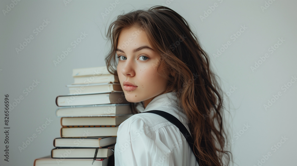 Teenager girl in school uniform with books Teenager girl in school uniform with books