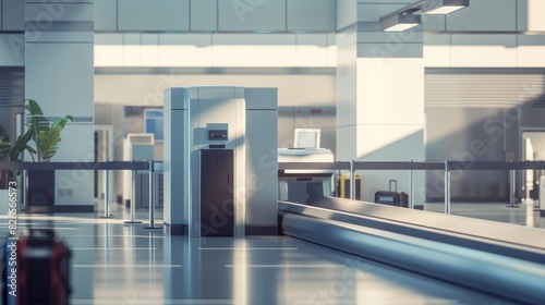 An airport security checkpoint equipped with an x-ray scanner machine and a conveyor belt for baggage.