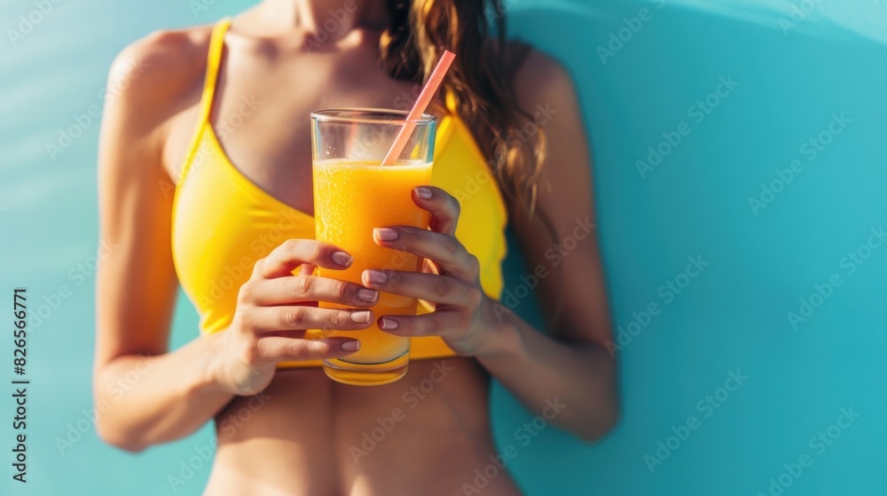 Closeup woman in sport wear holding fruit smoothie on isolated blue background. Closeup woman in sport wear holding fruit smoothie on isolated blue background.