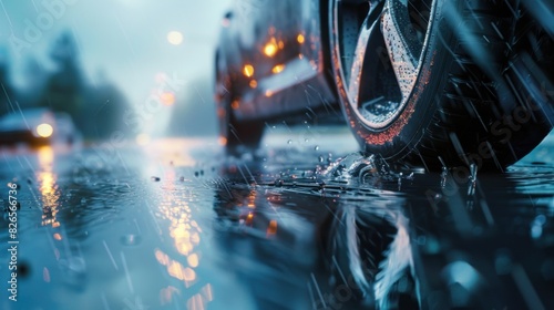 Closeup car on a wet road in rainy day.