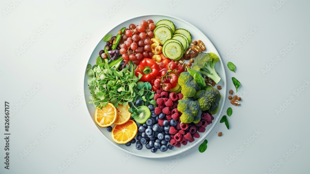 Colorful variety of fresh vegetables and fruits on white background