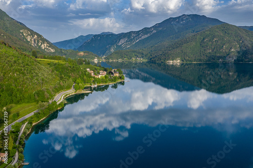 Aerial View of Lago di Ledro in Italy  Scenic Reflection and Mountain Landscape