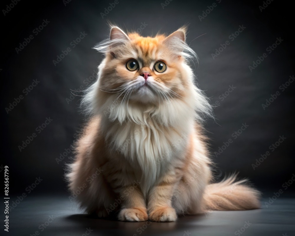 Persian breed cat sitting isolated on dark smoky background looking at camera.