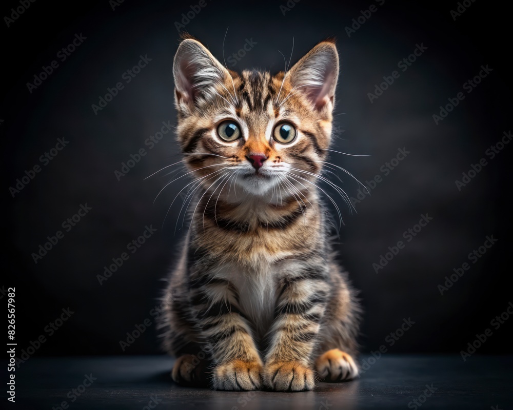 Pixiebob breed cat sitting isolated on dark smoky background looking at camera.