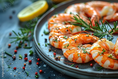 A plate of shrimp with lemon slices and parsley on top photo