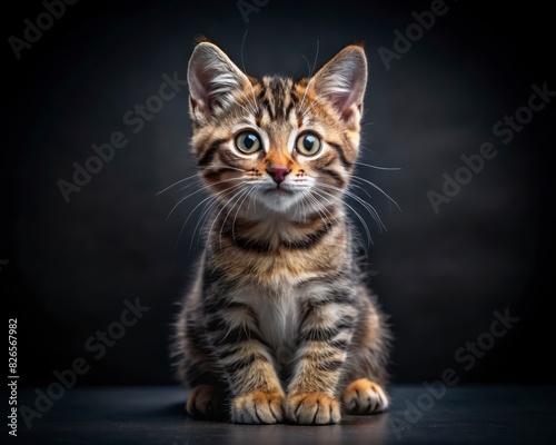 Pixiebob breed cat sitting isolated on dark smoky background looking at camera.