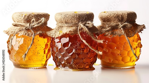 Three jars of honey are lined up on a white table
