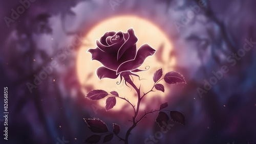 Illustration of a silhouette of a rose in full bloom, with the detailed petals and leaves soft, golden haze of the setting sun. Romantic Dreamy background photo