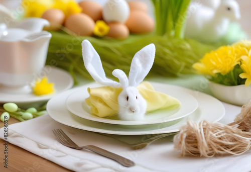 A table set for Easter with white dishes, a serving mat, an Easter egg in a napkin, and cotton flowers. A napkin is draped under bunny ears.