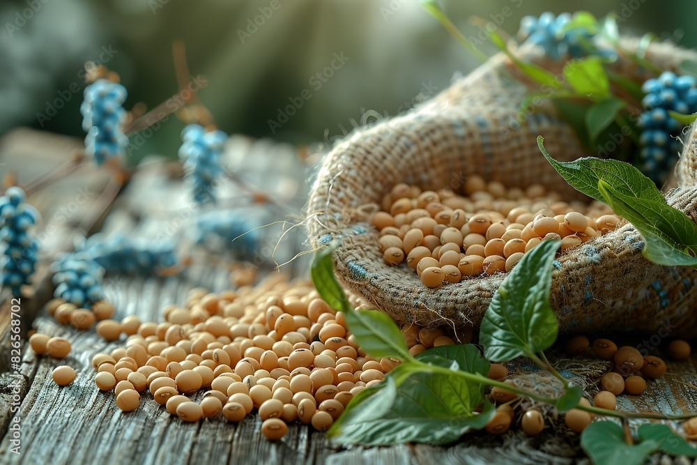 Obraz premium A bag of soybeans is sitting on a wooden table with some leaves
