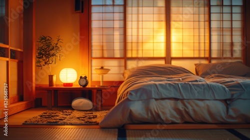 Traditional Japanese Bedroom in Serene Simplicity at Dawn photo