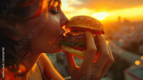 A woman is enjoying a juicy hamburger as the sun sets, savoring every bite of the staple food. The ingredients tantalize her taste buds as she admires the colorful sky and clouds AIG50 photo