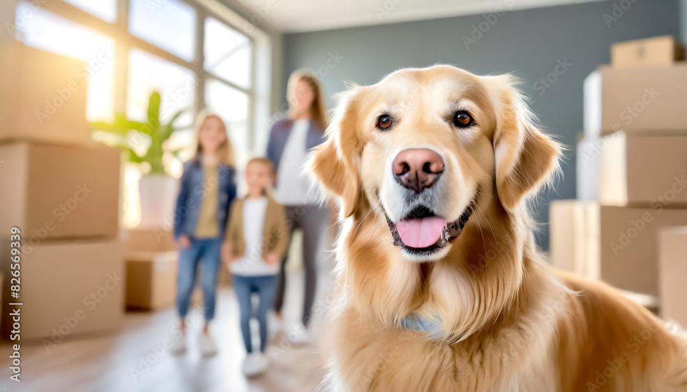 Hund im Vordergrund, im Hintergrund Familie in leere Wohnung mit Umzugskartons