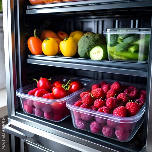 Frozen Berries and Nutritious Vegetables Stored in Reusable Containers in a refrigerator  Strawberries in a refrigerator 