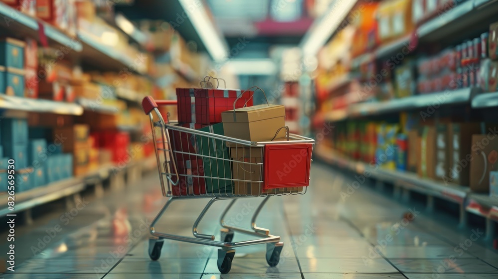 A shopping cart is on a sidewalk supermarket A shopping cart is on a sidewalk supermarket