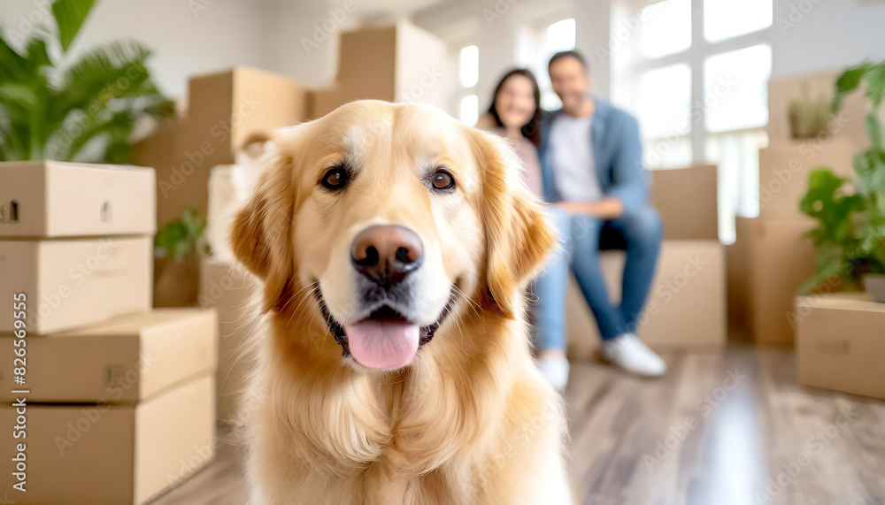 Hund im Vordergrund, im Hintergrund Familie in leere Wohnung mit Umzugskartons