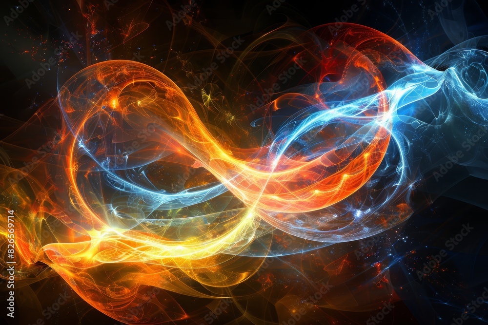 Abstract background featuring a vibrant multicolor spectrum with neon orange and blue rays and colorful glowing lines. The dynamic and energetic composition creates a visually striking scene