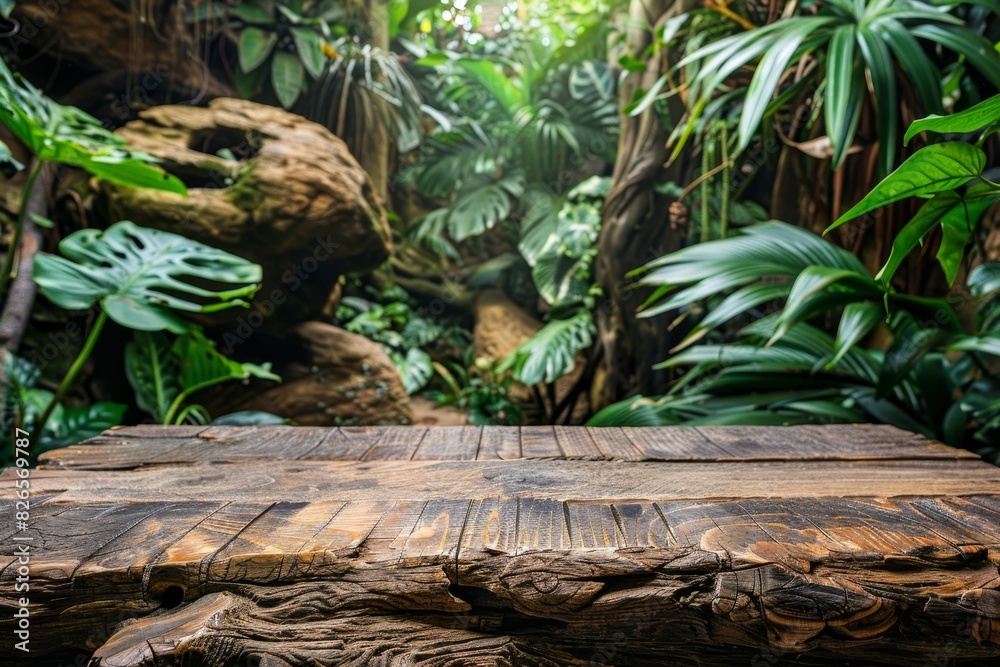 An empty rustic wooden plank table top with a blurred background of a lush jungle, providing ample copy space An empty rustic wooden plank table top with a blurred background of a lush jungle, providing ample copy space