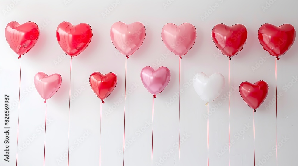 Festive heart-shaped balloons arranged beautifully on a clean white wall, creating a cheerful and romantic backdrop for celebrations.