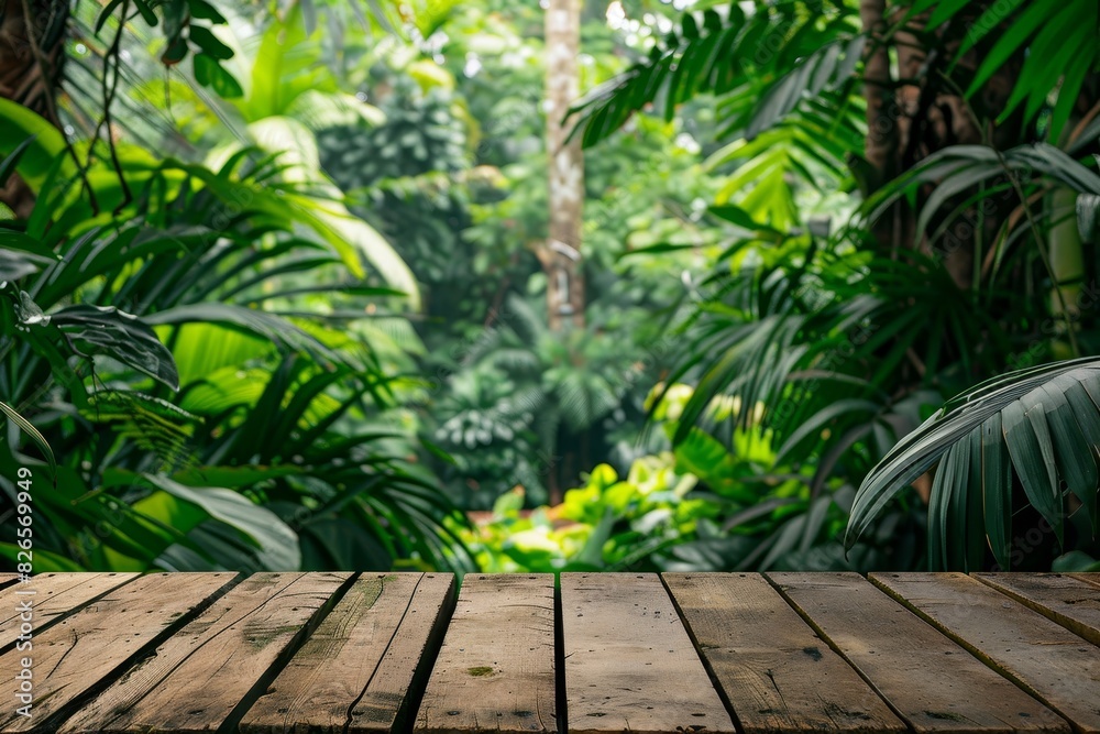 An empty rustic wooden plank table top with a blurred background of a lush jungle, providing ample copy space An empty rustic wooden plank table top with a blurred background of a lush jungle, providing ample copy space