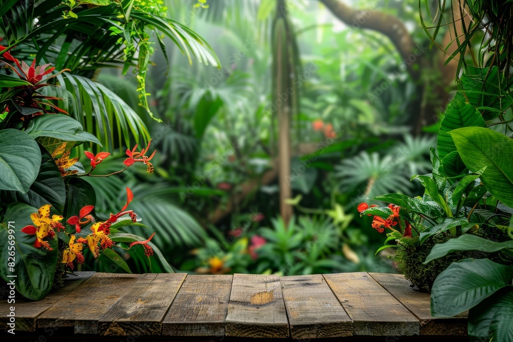 empty rustic wooden plank table top with blur background of jungle. Exuberant image. generative ai empty rustic wooden plank table top with blur background of jungle. Exuberant image. generative ai